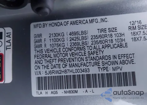 2017 Honda Cr-V Ex-L/Ex-L Navi z USA, uszkodzony, nr VIN 5J6RW2H87HL003493